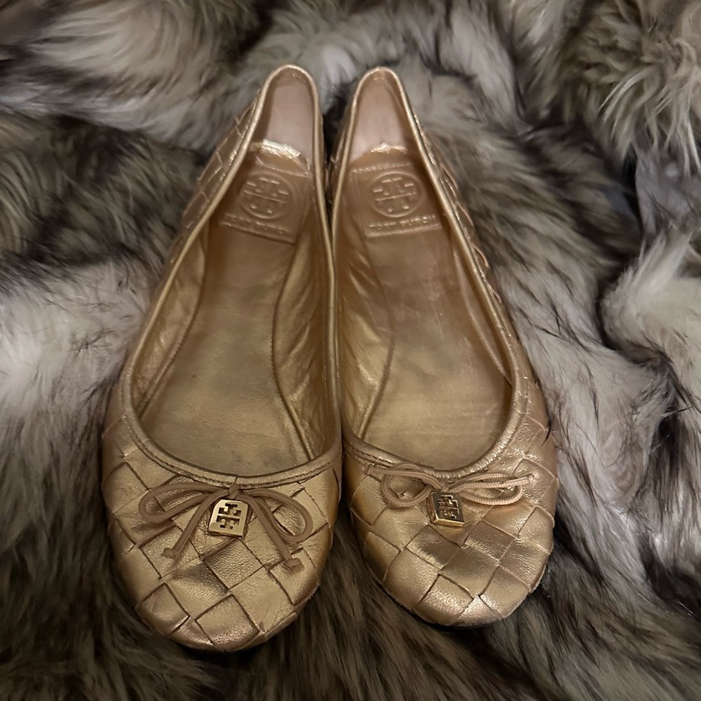 Tory Burch Metallic Gold Quilted Ballet Flats with Logo Bow